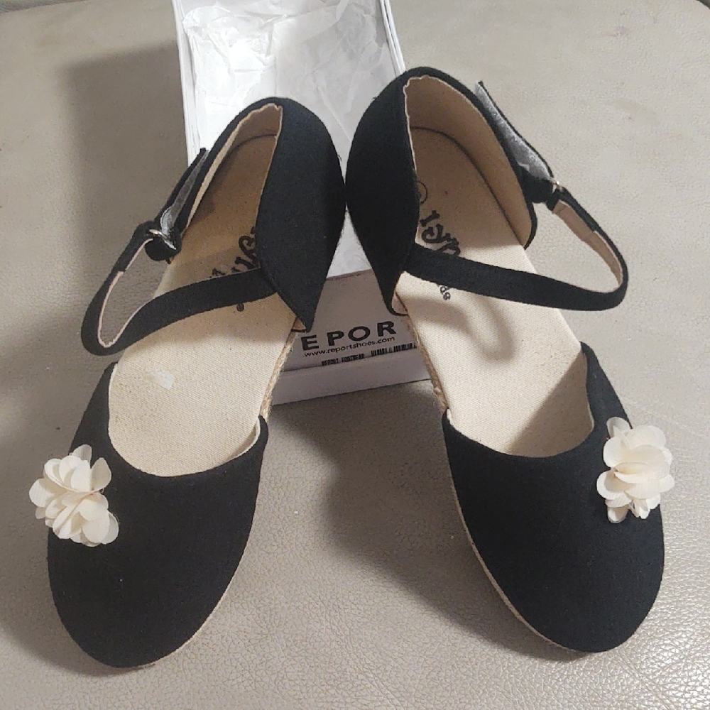 Report Girl's Black Espadrille with Floral Accent